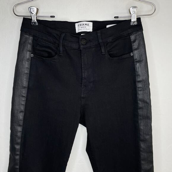 Frame Denim Le High Rise Straight Black Noir Coated Tuxedo Side Stripe Jeans 26 - Picture 5 of 14
